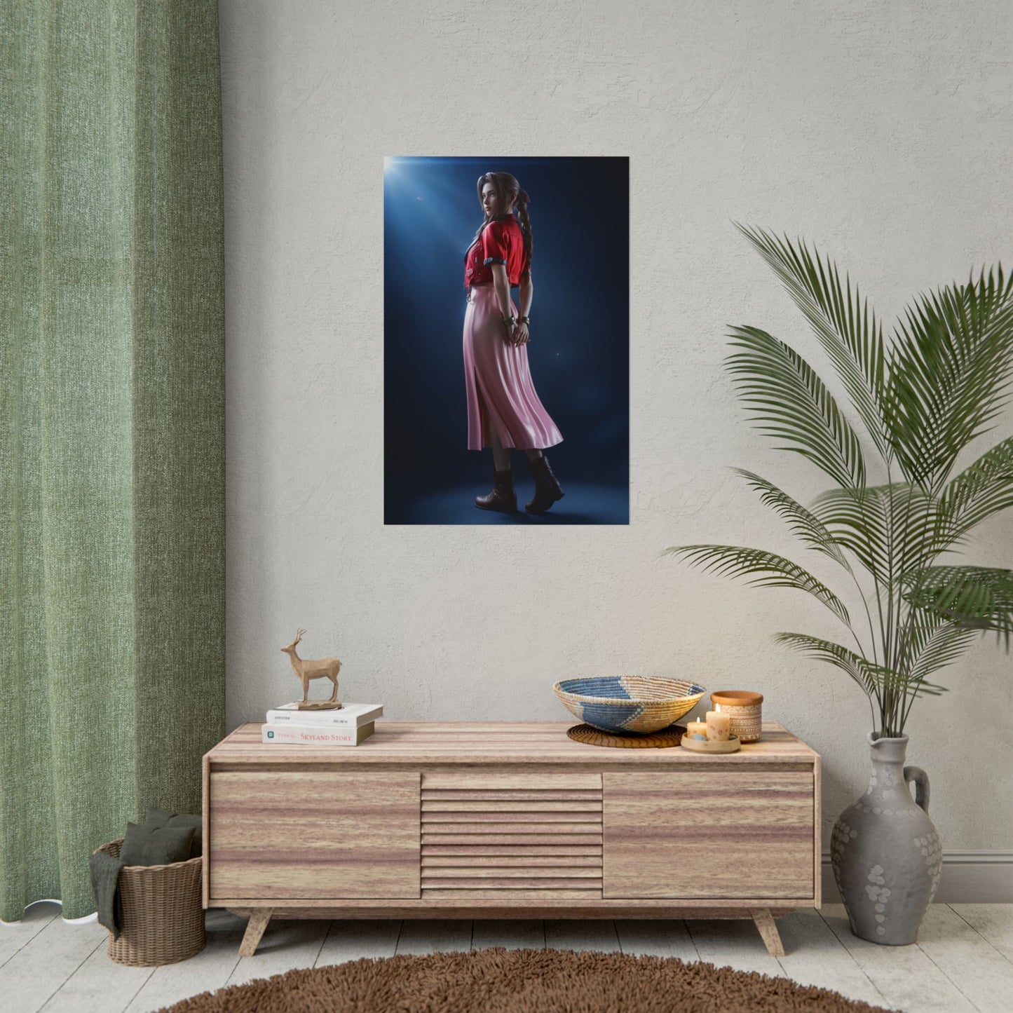 Aerith Final Fantasy Poster – Iconic RPG Heroine Wall Art for Gamer Decor showing full‑body graceful character print in gaming room