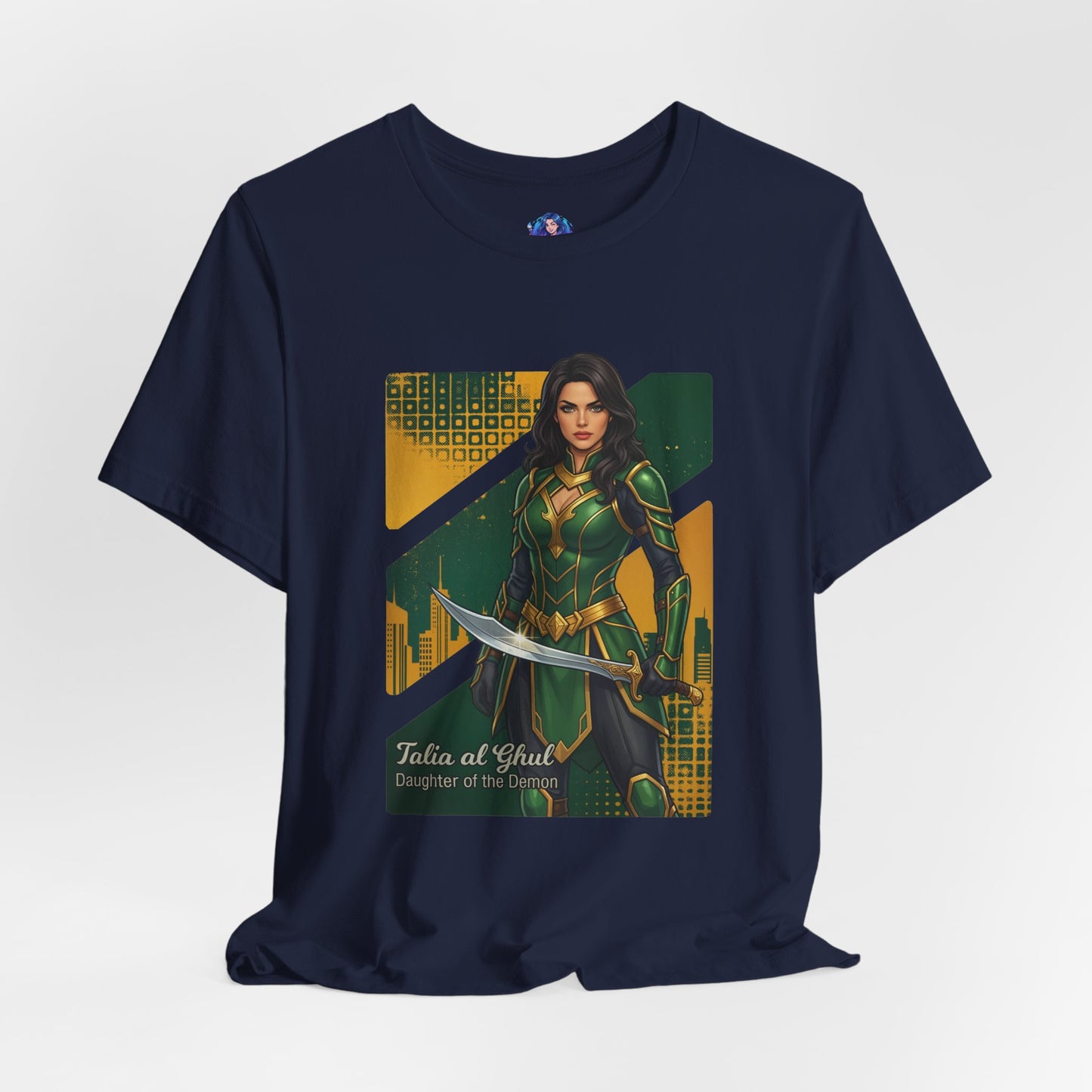 Talia al Ghul T-Shirt | DC Comics Anime Tee for Gamers & Comic Fans navy tee showing anime-style Talia in green armor with sword on Bella Canvas 3001
