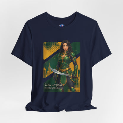 Talia al Ghul T-Shirt | DC Comics Anime Tee for Gamers & Comic Fans navy tee showing anime-style Talia in green armor with sword on Bella Canvas 3001
