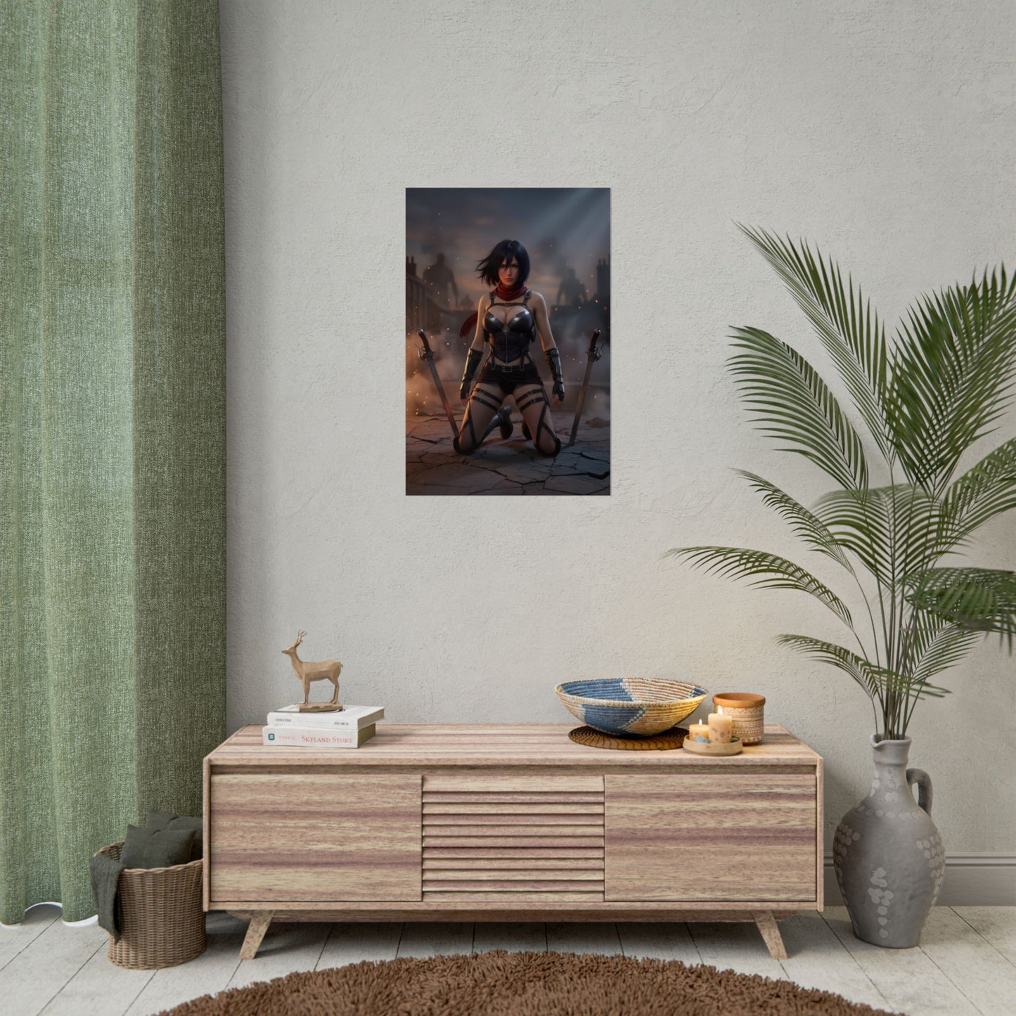 Mikasa Poster / Mikasa Wall Art / Mikasa Art Print / Attack on Titan Poster - Mikasa kneeling amid smoke and steel, intense anime battlefield portrait