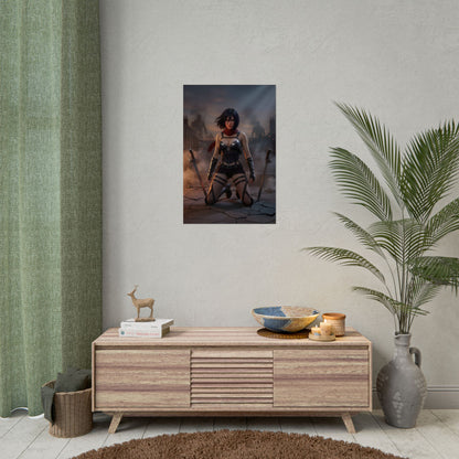 Mikasa Poster / Mikasa Wall Art / Mikasa Art Print / Attack on Titan Poster - Mikasa kneeling amid smoke and steel, intense anime battlefield portrait
