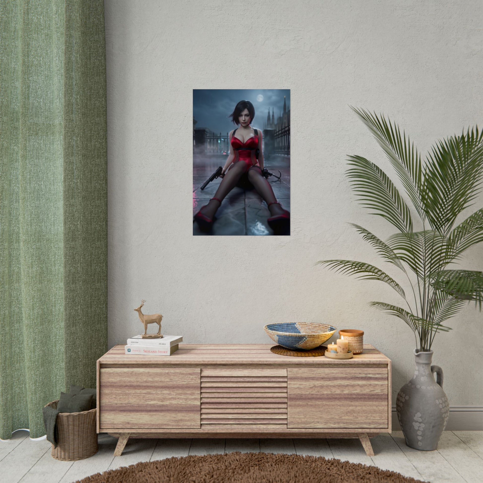 Ada Wong Poster / Ada Wong Wall Art / Ada Wong Art Print / Resident Evil Poster - cinematic Ada Wong in red outfit on wet moonlit gothic street