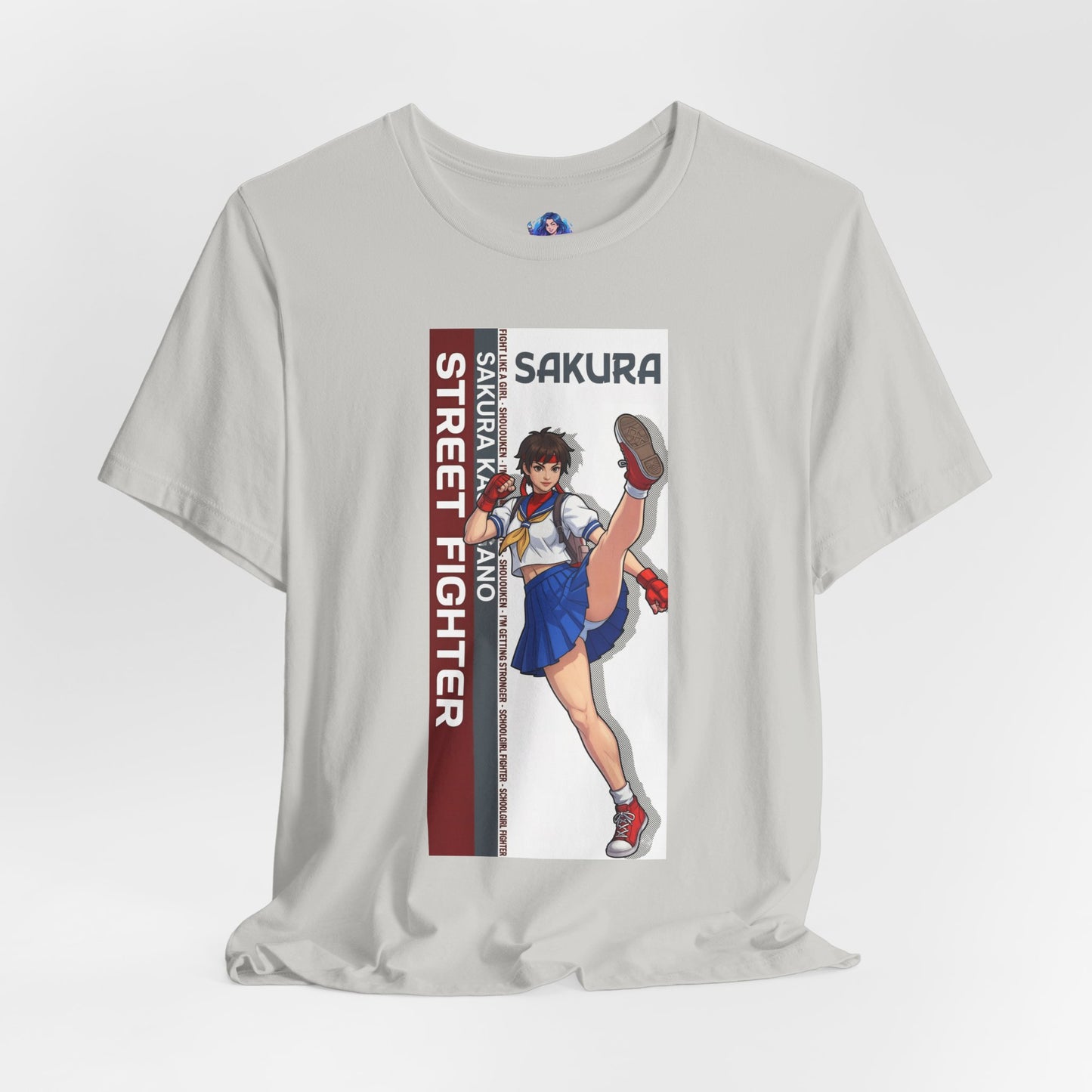 Sakura Kasugano T-Shirt | Street Fighter Anime Tee for Gamers & Fighting Game Fans - anime-style Sakura kicking on Bella Canvas tee