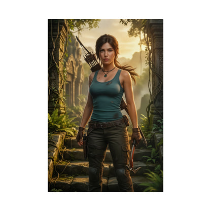 Lara Croft Poster Tomb Raider Wall Art Print Action Adventure Decor featuring Lara in a strong stance with dual pistols in jungle ruins