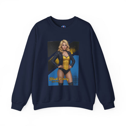 Black Canary Sweatshirt, DC Comics Crewneck, Classic Superhero Apparel for Fans – navy crewneck with Black Canary graphic and blonde hero artwork