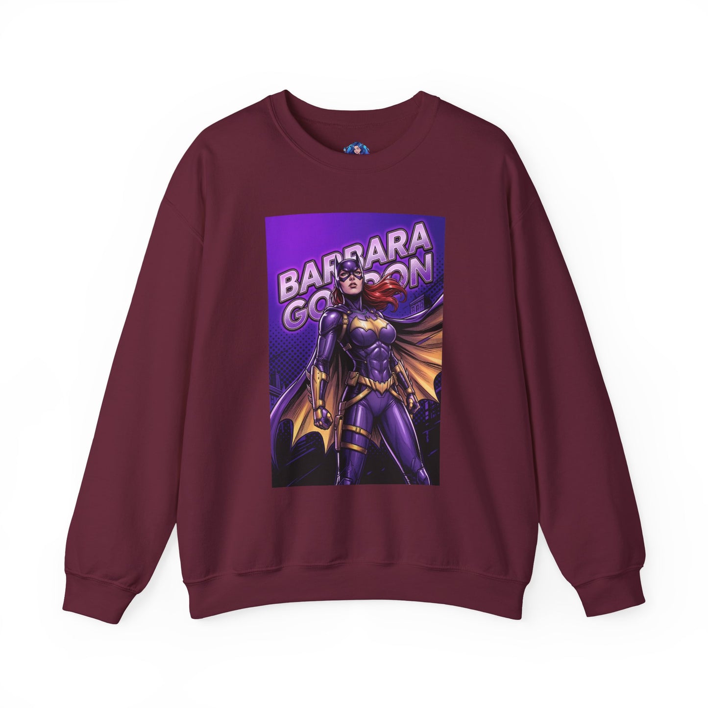 Batgirl Sweatshirt, DC Comics Crewneck, Gotham Hero Fan Apparel – maroon crewneck with purple-and-gold Batgirl illustration of Barbara Gordon, comic-style