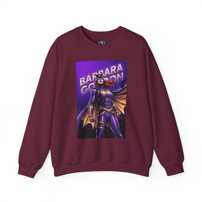 Batgirl Sweatshirt, DC Comics Crewneck, Gotham Hero Fan Apparel – maroon crewneck with purple-and-gold Batgirl illustration of Barbara Gordon, comic-style