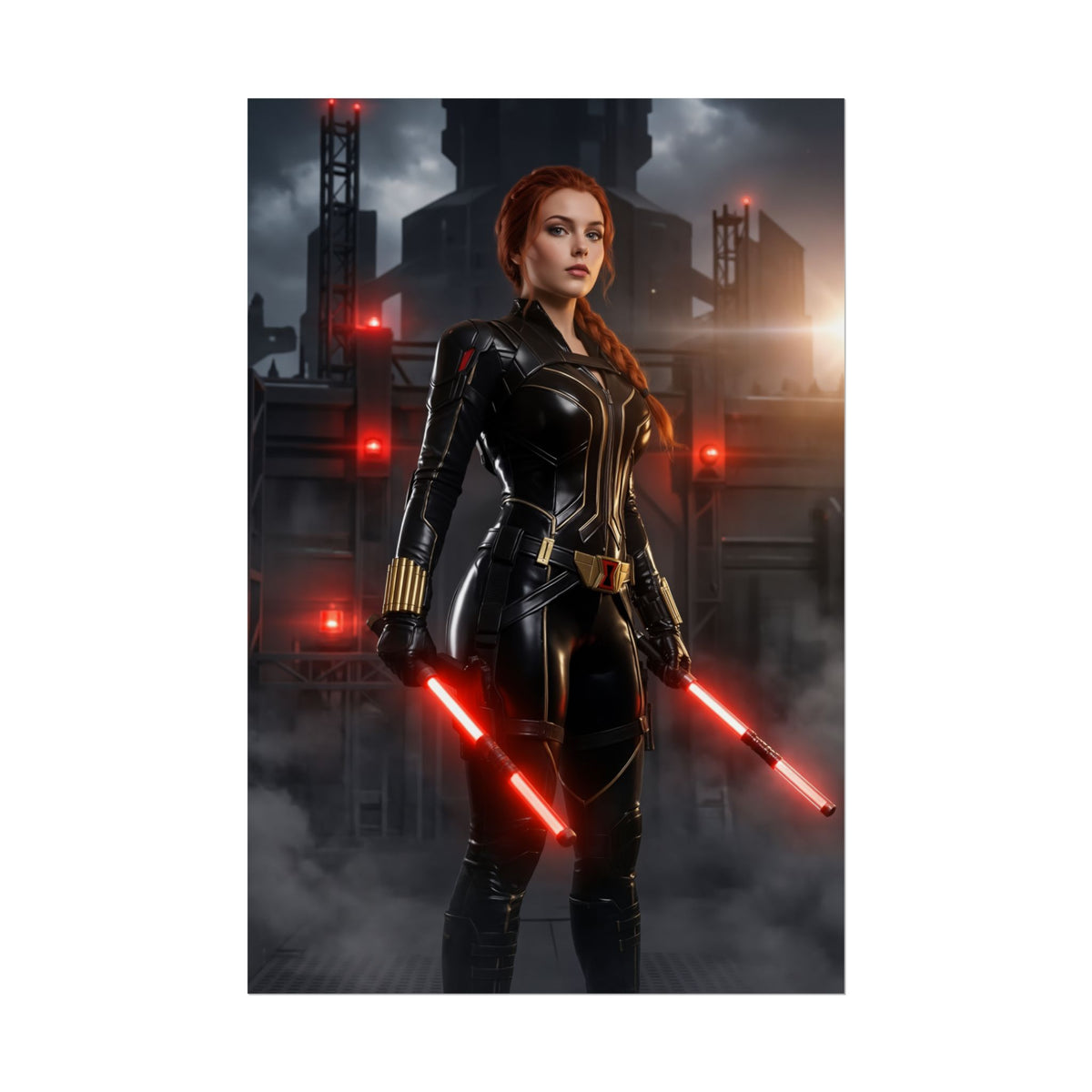 Black Widow Poster, Marvel Art Print  Iconic Spy Heroine Wall Art featuring fierce Black Widow in black tactical suit holding red batons against industrial skyline