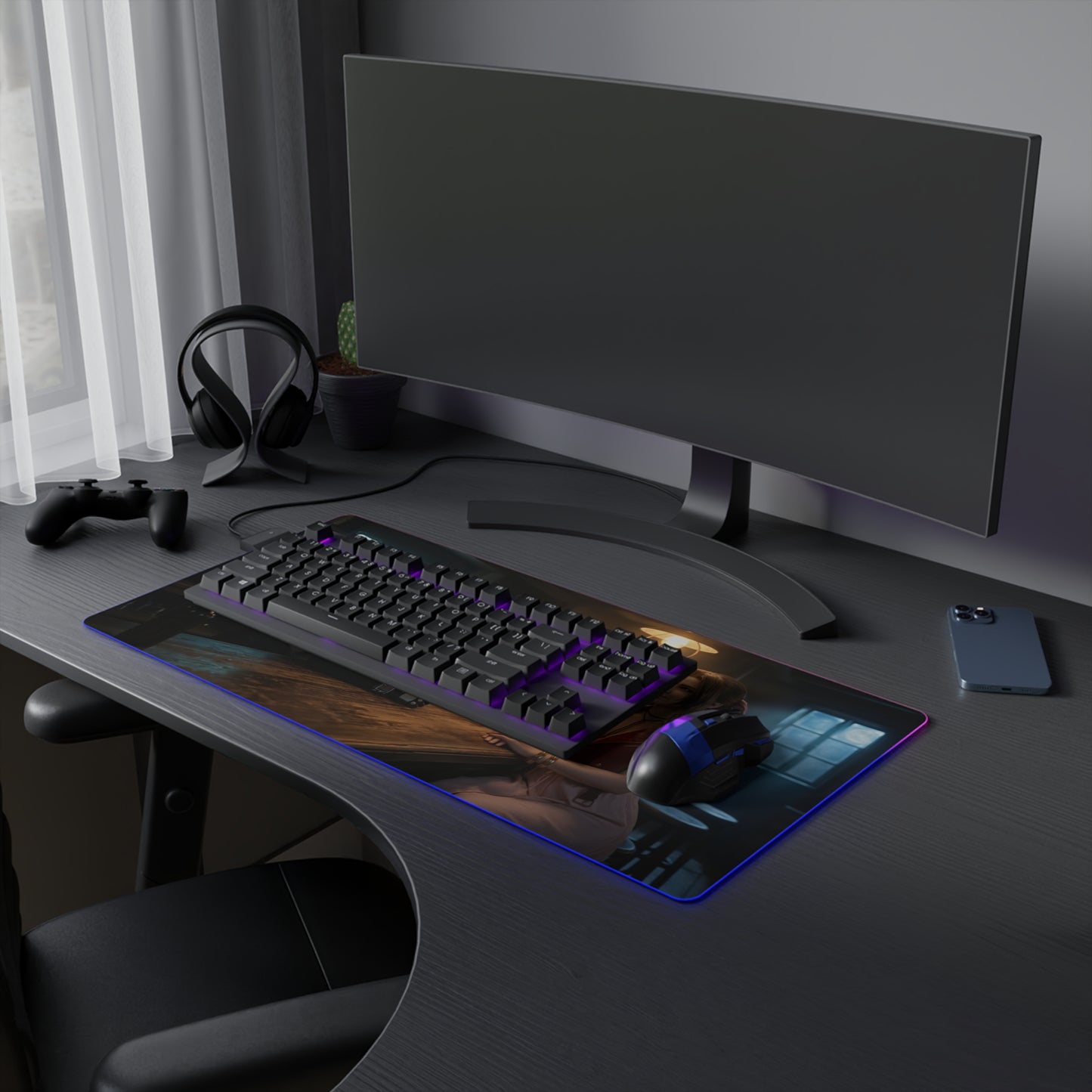 Tifa Lockhart & Aerith Gainsborough Desk Mat – LED RGB Pad placed on a gaming desk with keyboard, mouse and monitor, showing duo artwork and glowing RGB edges