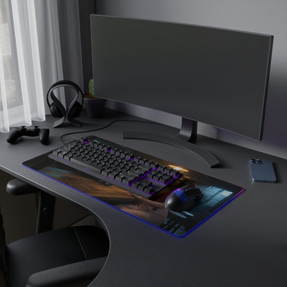 Tifa Lockhart & Aerith Gainsborough Desk Mat – LED RGB Pad placed on a gaming desk with keyboard, mouse and monitor, showing duo artwork and glowing RGB edges