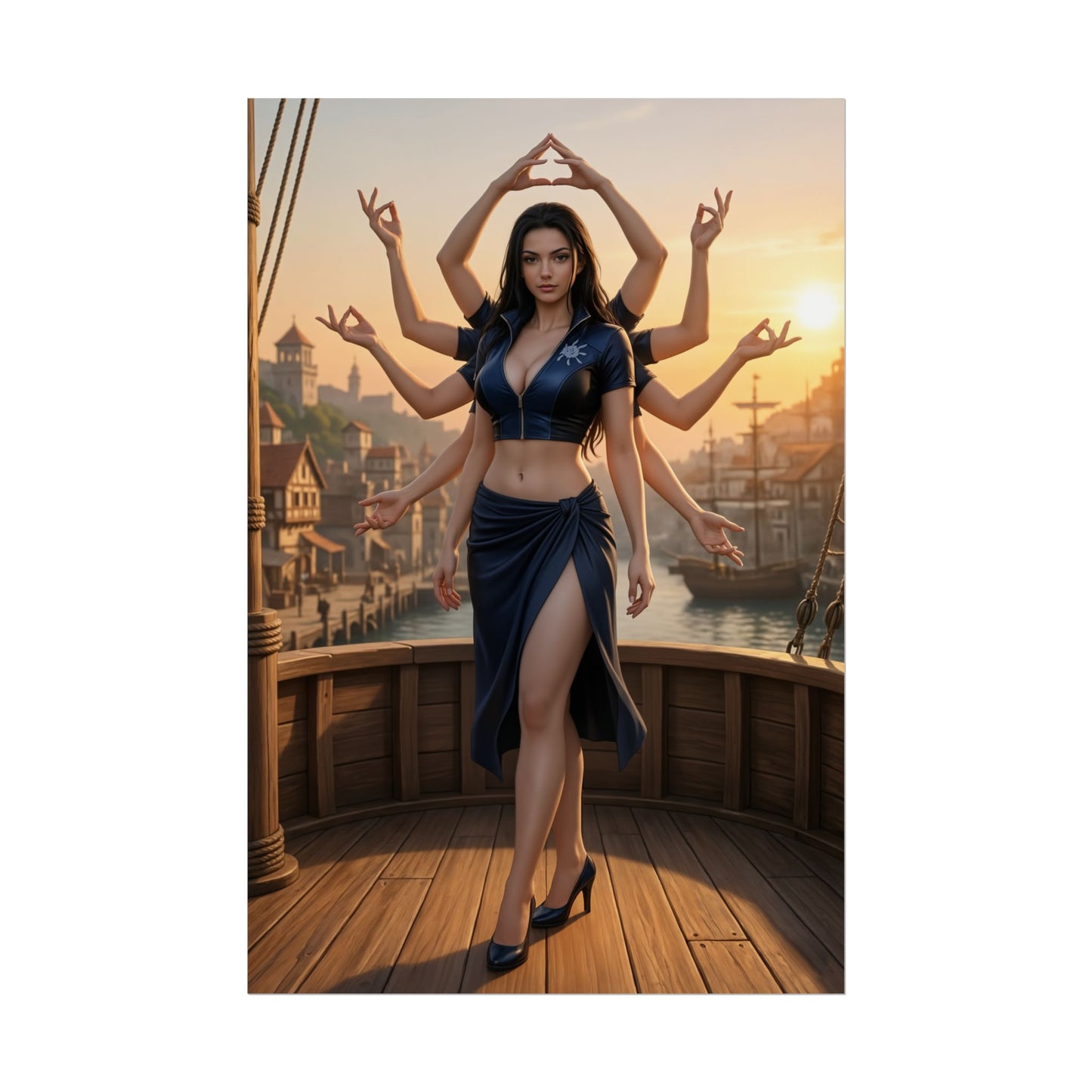 Nico Robin Poster, One Piece Art Print, Iconic Archaeologist Character - stylized poster of Nico Robin with multiple arms on ship deck