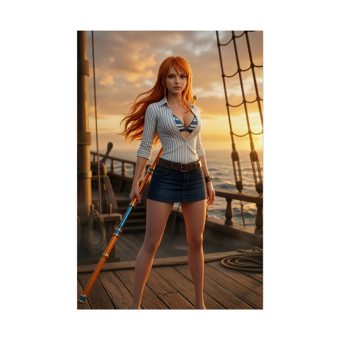 Nami Poster One Piece Wall Art Print Anime Room Decor featuring Nami on a ship deck at sunset with staff and ocean backdrop