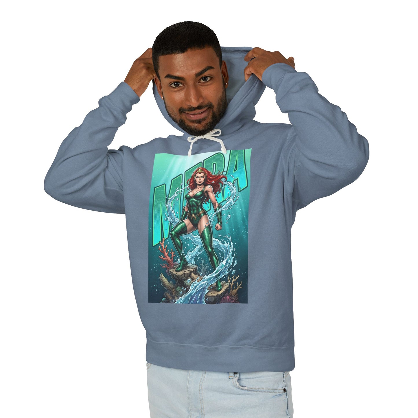 Mera Hoodie | DC Superhero Hoodie | Ocean-Born Warrior Pullover - model wearing blue hoodie with Mera graphic and hood up