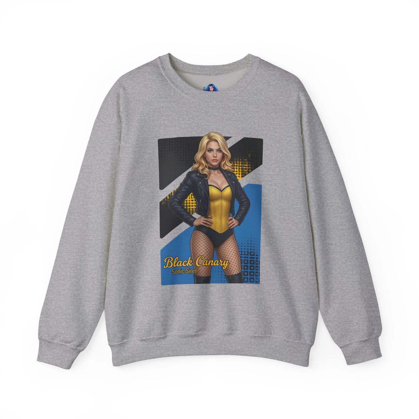 Black Canary Sweatshirt, DC Comics Crewneck, Classic Superhero Apparel for Fans — grey crewneck with Black Canary graphic and blonde heroine design