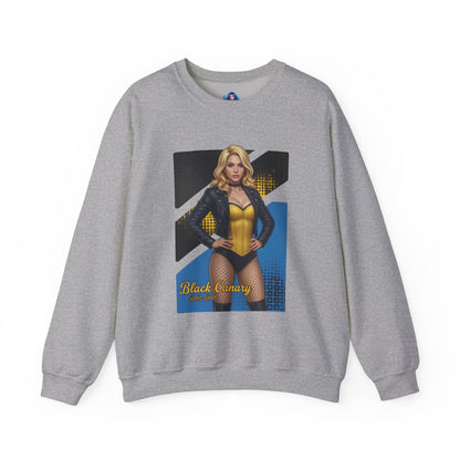 Black Canary Sweatshirt, DC Comics Crewneck, Classic Superhero Apparel for Fans — grey crewneck with Black Canary graphic and blonde heroine design