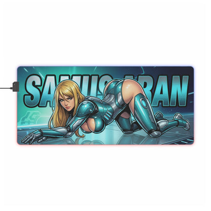 Samus Aran RGB Desk Mat, Futuristic Gaming Mouse Pad, LED Desk Mat for Gamer Setup with dynamic sci‑fi armor pose, glowing accents, smooth cloth surface