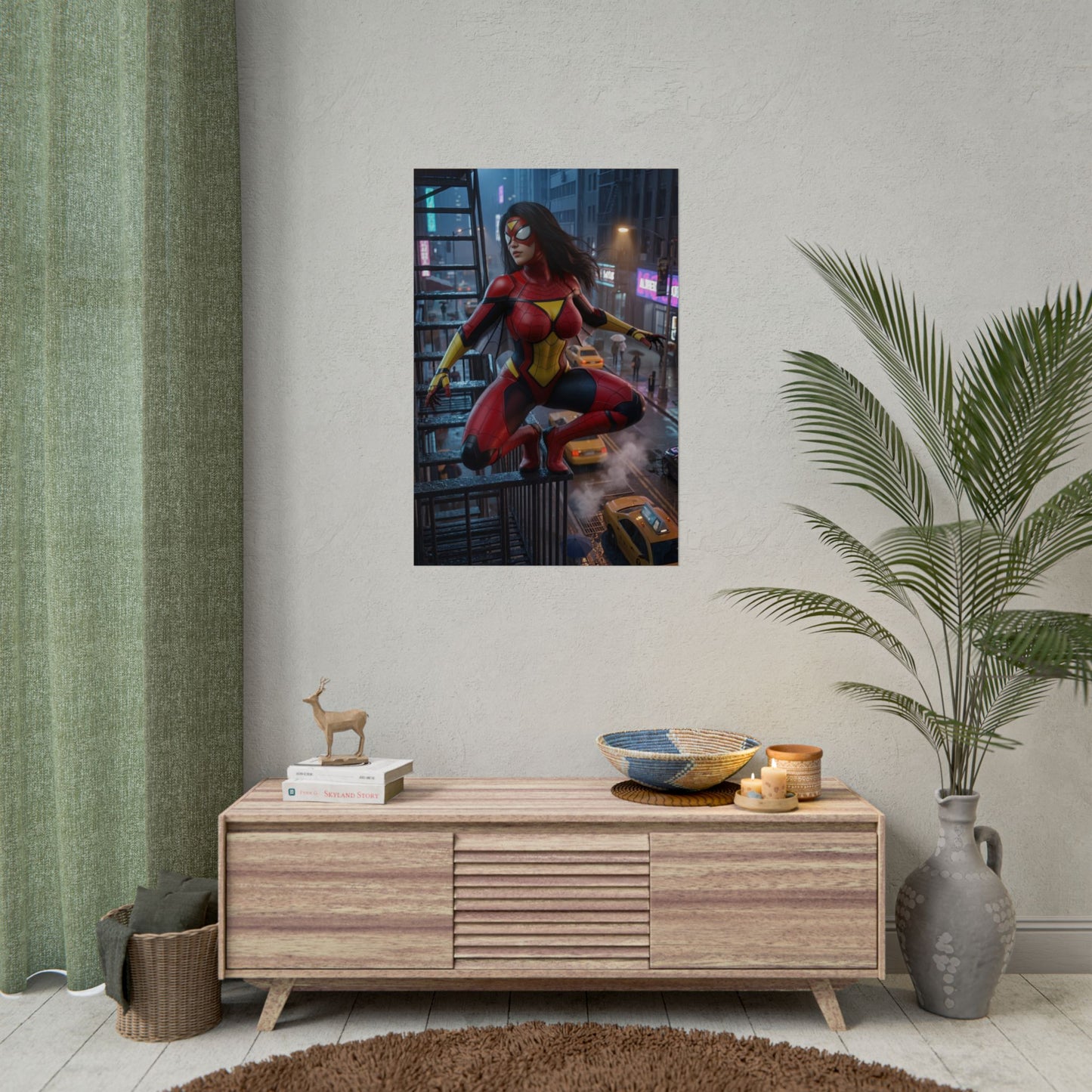 Spider-Woman Jessica Drew Poster, Marvel Wall Art Print showcasing dynamic superhero art in a modern living room display