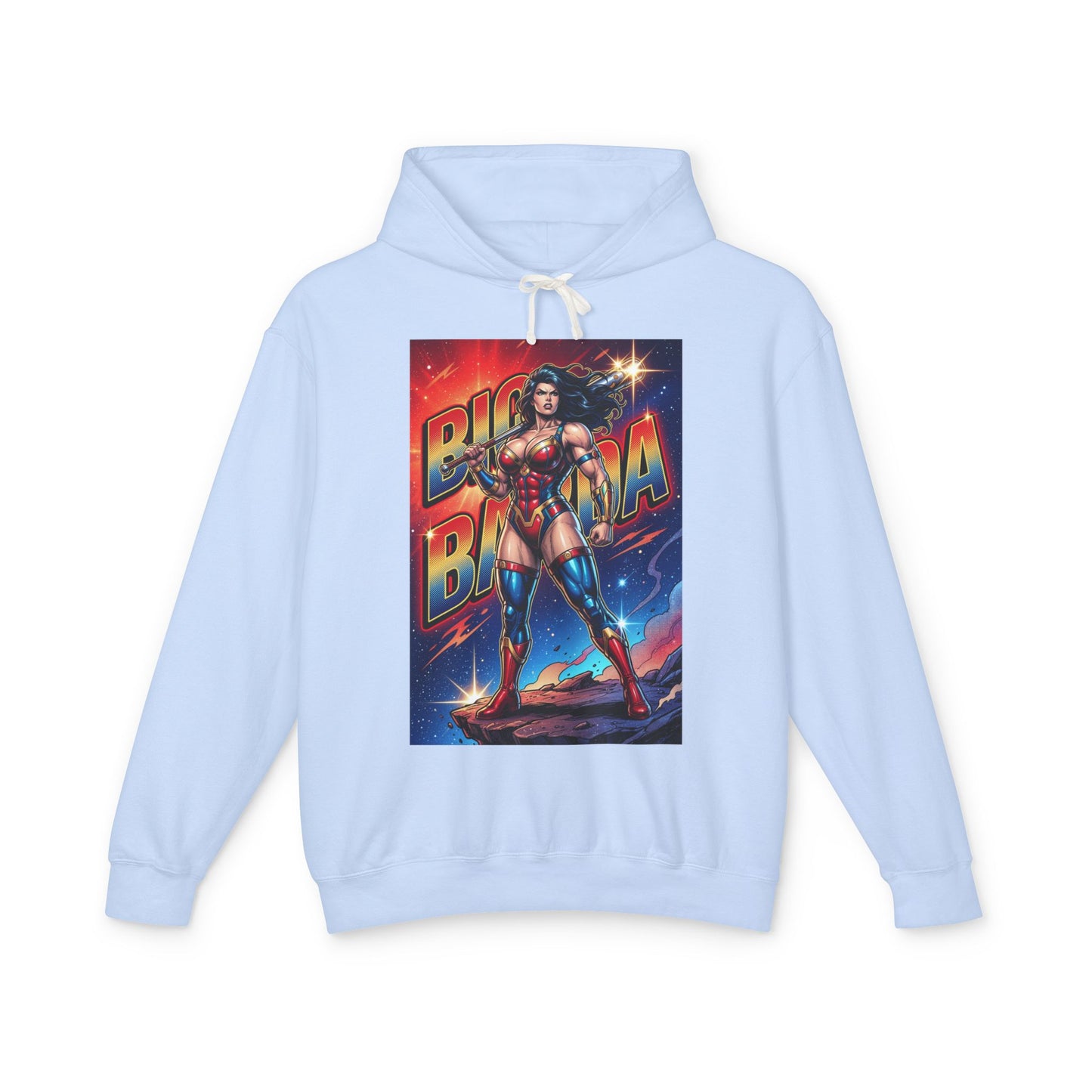 Big Barda Hoodie | DC Warrior Hoodie | New Genesis Champion Pullover front view light blue hoodie featuring bold heroic comic-style Big Barda graphic