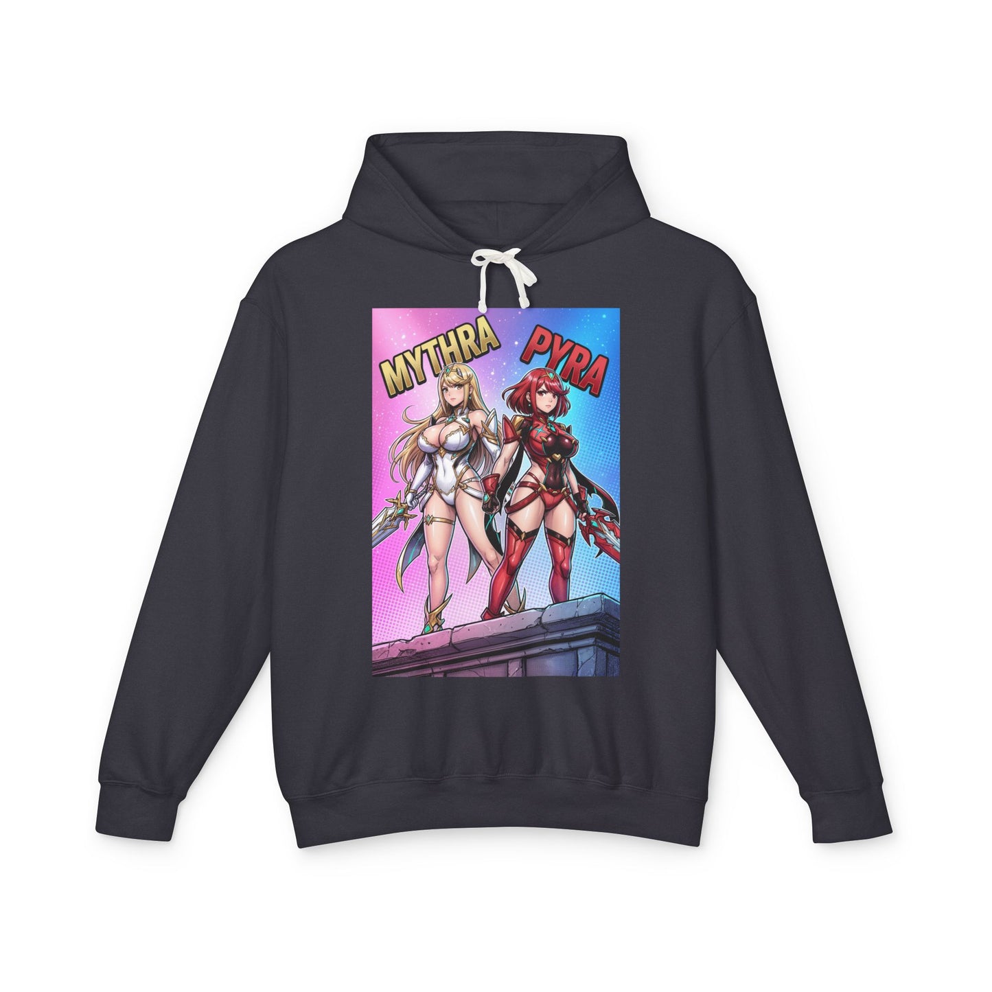 Mythra & Pyra Hoodie | JRPG Fantasy Hoodie | Anime Warrior Pullover black pullover featuring Mythra and Pyra anime warriors graphic
