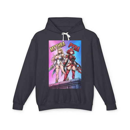 Mythra & Pyra Hoodie | JRPG Fantasy Hoodie | Anime Warrior Pullover black pullover featuring Mythra and Pyra anime warriors graphic