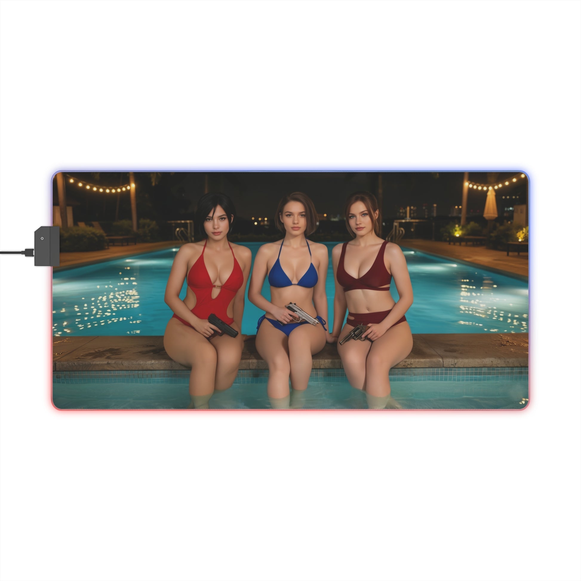 Ada Wong, Claire Redfield & Jill Valentine Desk Mat – LED RGB Pad featuring trio of heroines in swimsuits by a lit pool
