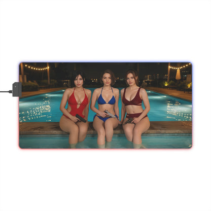 Ada Wong, Claire Redfield & Jill Valentine Desk Mat – LED RGB Pad featuring trio of heroines in swimsuits by a lit pool