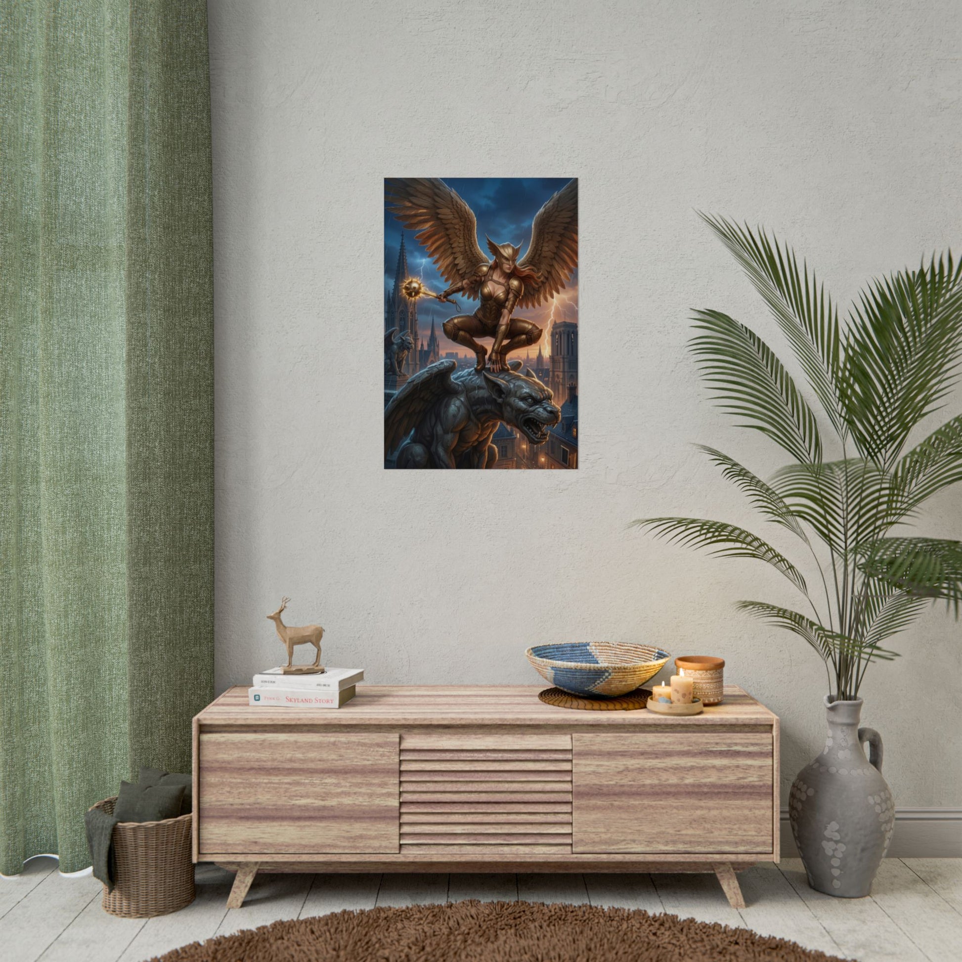 Hawkgirl Poster, DC Comics Art Print – Superhero Wall Art hung in modern gamer room over console, dramatic winged hero print for collectors