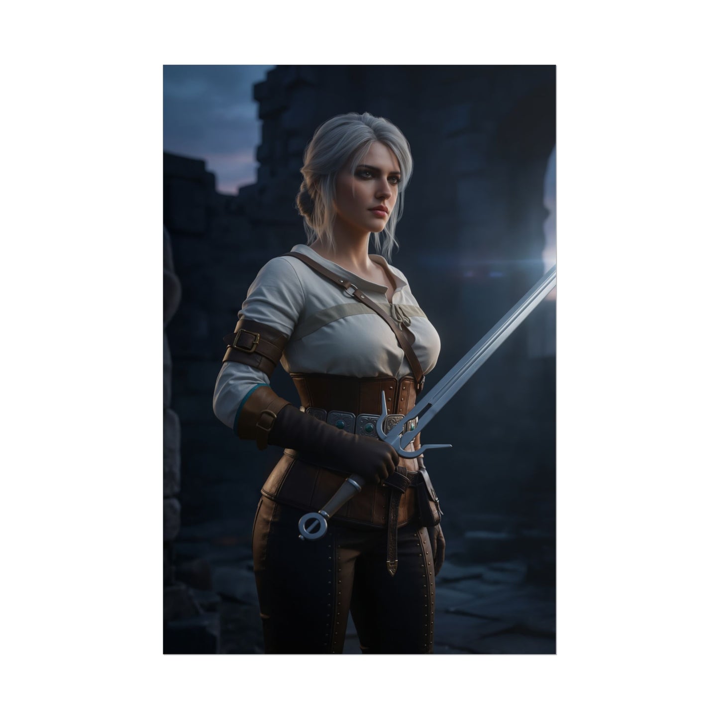 Ciri Poster, The Witcher Art Print – Iconic RPG Heroine Wall Art featuring Ciri in battle-ready pose with silver sword against ruined castle backdrop