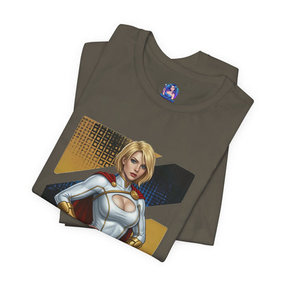 Power Girl T-Shirt | DC Comics Anime Tee for Gamers & Hero Fans - folded Bella Canvas tee with anime-style Power Girl illustration