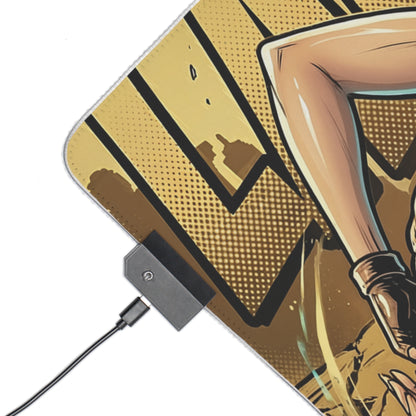 Lara Croft RGB Desk Mat, Adventure Game Gaming Mouse Pad, LED Desk Mat for Gamer Setup - close-up corner showing smooth surface, stitched edge and LED controller