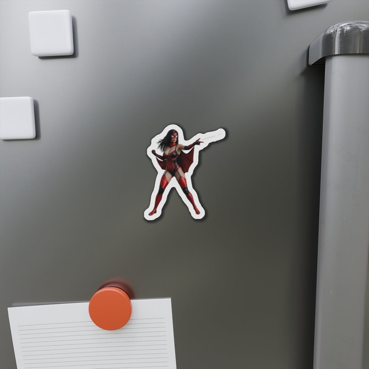 Spider-Woman Magnet – Marvel Heroine Fridge Magnet, Anime Style Decor — die-cut anime-style vinyl fridge magnet showing Spider-Woman in red costume