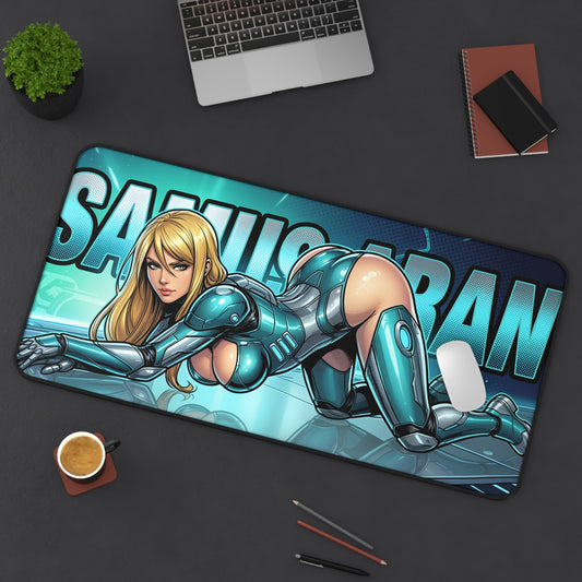 Samus Aran Desk Mat, Sci-Fi Action Mouse Pad, Gaming Setup Desk Decor featuring armored bounty hunter illustration on large non-slip gaming desk mat