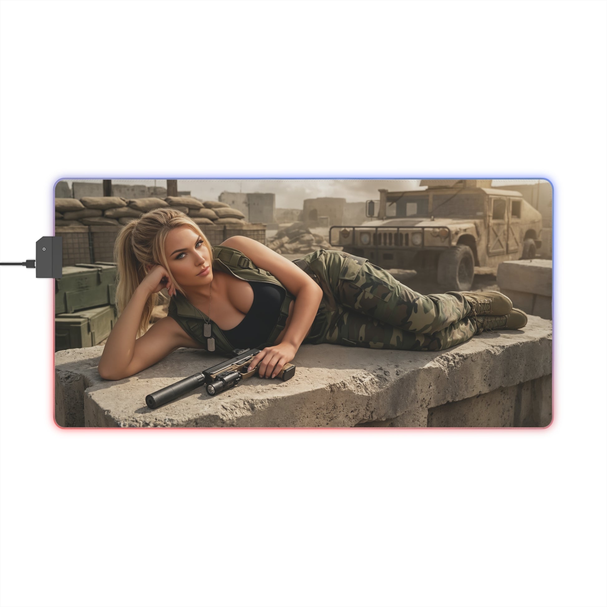 Sonya Blade Desk Mat – LED RGB Pad, Waifu Fighter Anime Girl Setup featuring camo-clad warrior woman reclining with rifle on tactical gaming desk pad