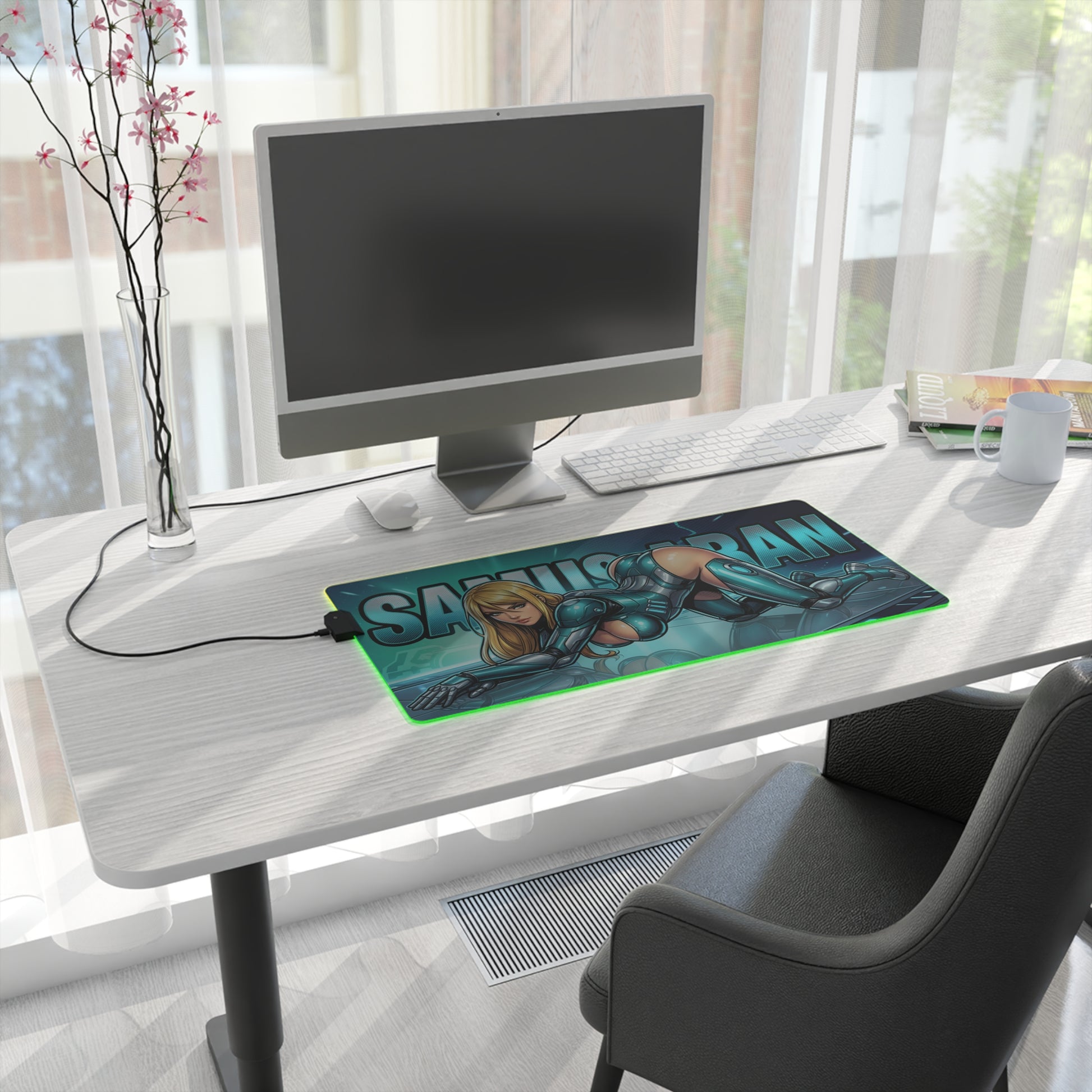 Samus Aran RGB Desk Mat, Futuristic Gaming Mouse Pad, LED Desk Mat for Gamer Setup — sci-fi armor artwork RGB LED mouse pad on modern desk