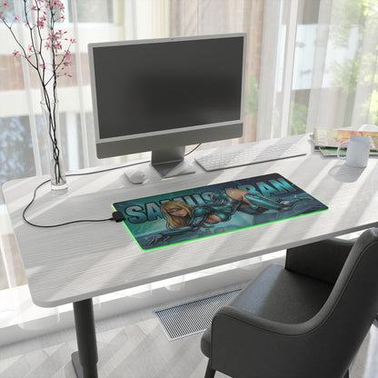 Samus Aran RGB Desk Mat, Futuristic Gaming Mouse Pad, LED Desk Mat for Gamer Setup — sci-fi armor artwork RGB LED mouse pad on modern desk