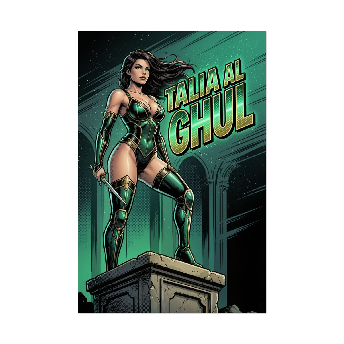 Talia al Ghul Poster / Talia al Ghul Wall Art / Talia al Ghul Art Print / DC Comics Poster - emerald-toned Talia al Ghul standing on pedestal, comic art