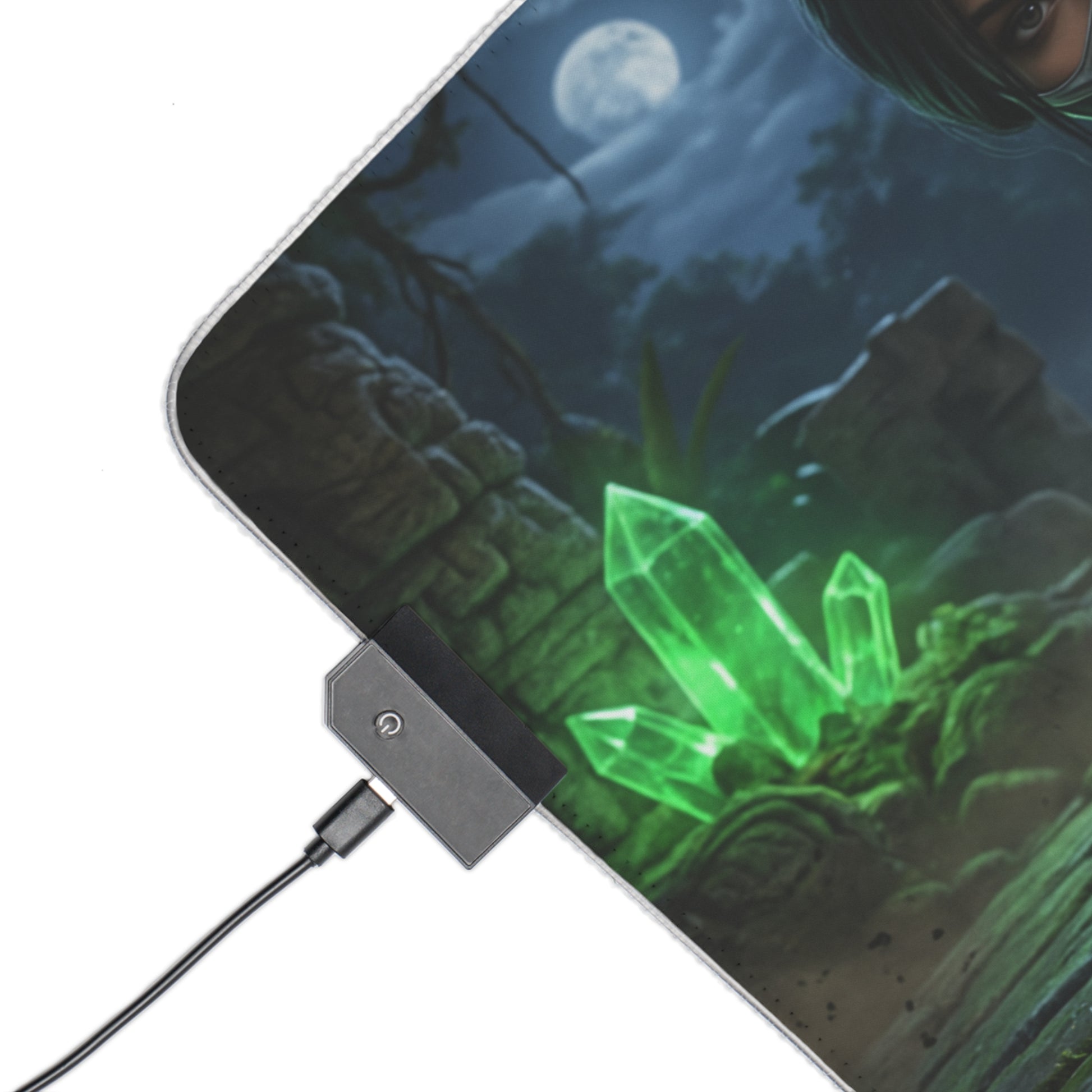 Jade Desk Mat – LED RGB Pad, Waifu Fighter Anime Girl Setup with glowing green crystal corner and USB controller on precision cloth surface