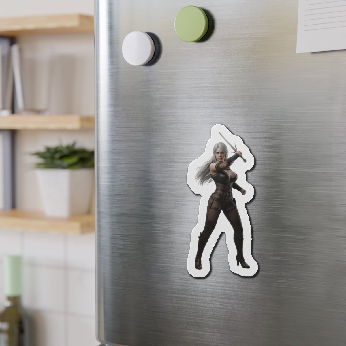 Ciri Magnet – The Witcher Game Heroine Fridge Magnet, Anime Style Decor sticker on stainless fridge showcasing die-cut vinyl Ciri artwork