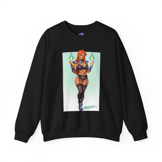 Starfire Sweatshirt, DC Comics Crewneck, Cozy Superhero Streetwear for Fans — black crewneck featuring Starfire artwork with glowing amber hair and purple costume