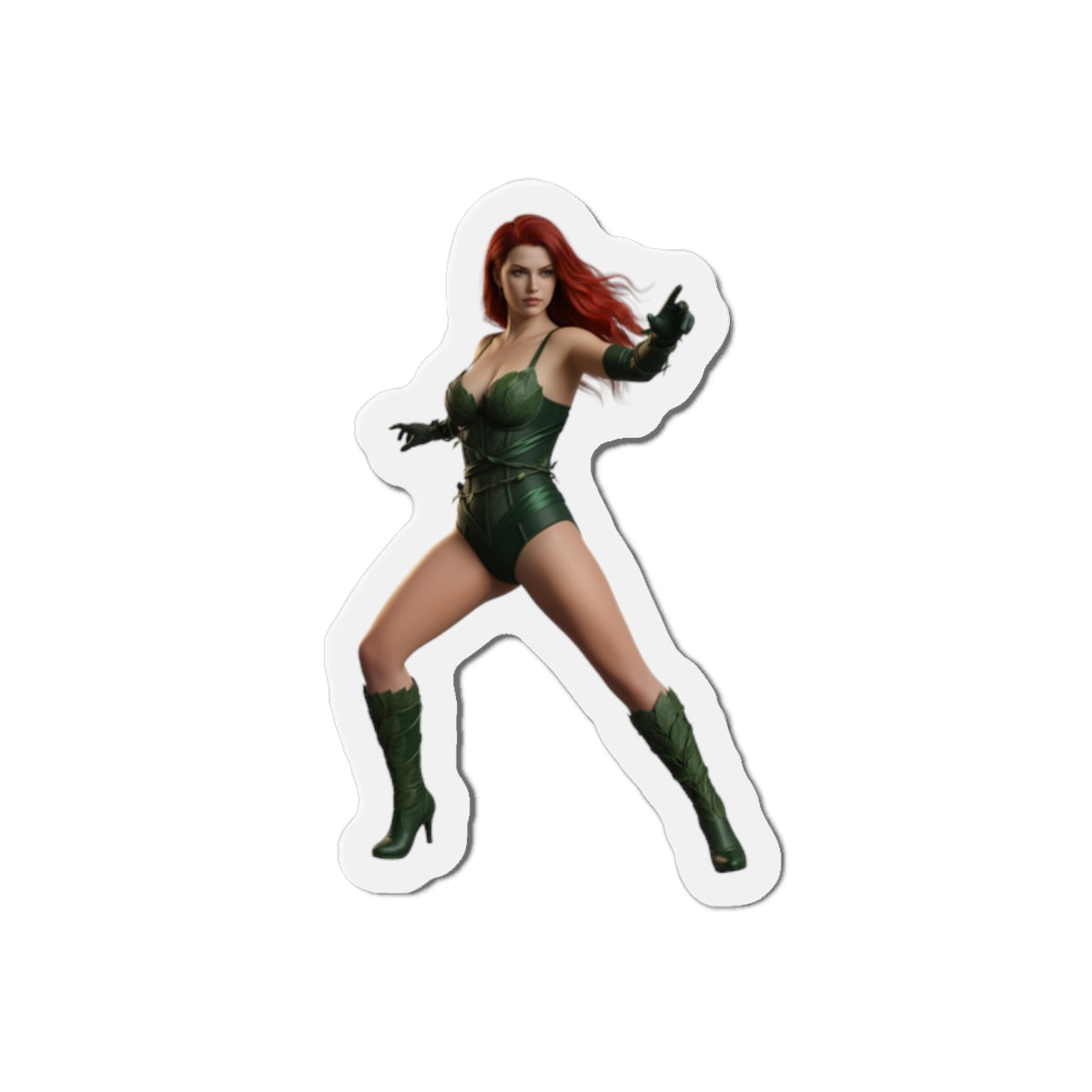 Alt Tag: Poison Ivy Magnet – DC Comic Villain Fridge Magnet, Anime Style Decor - die-cut vinyl sticker of Poison Ivy in green costume, dynamic pose, high-resolution print