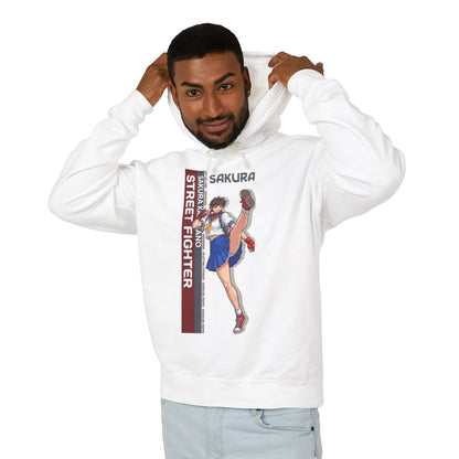 Sakura Hoodie | Street Fighter Hoodie | Anime Martial Artist Pullover - white pullover with energetic Sakura illustration on male model