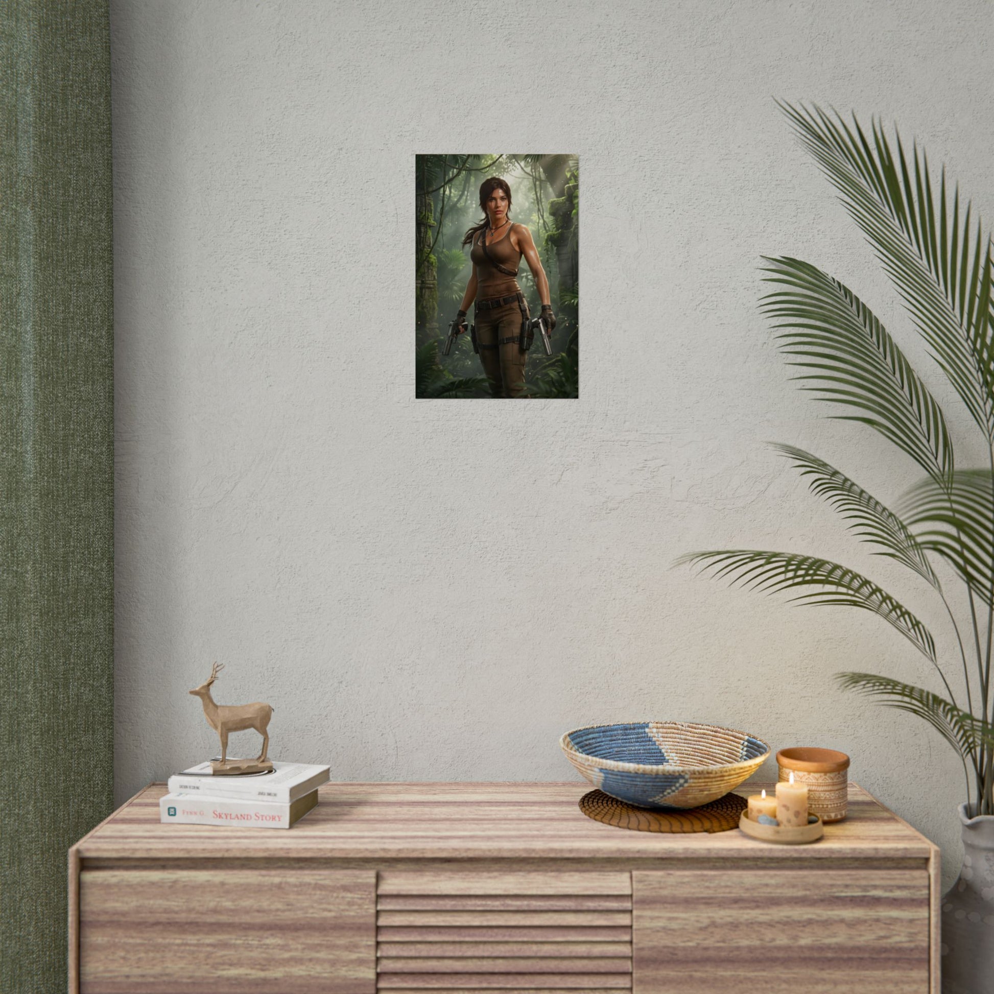Lara Croft Poster – Iconic Adventure Heroine Wall Art for Gamer Decor, ultra-high resolution poster displayed in modern gaming room décor