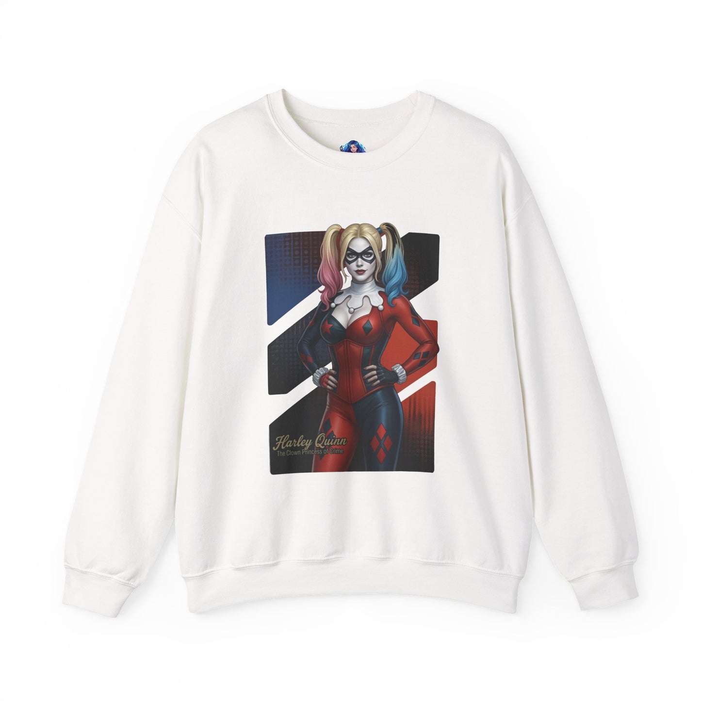 Harley Quinn Sweatshirt, DC Comics Crewneck, Iconic Comic Apparel for Fans - white crewneck with red-and-black Harley Quinn artwork