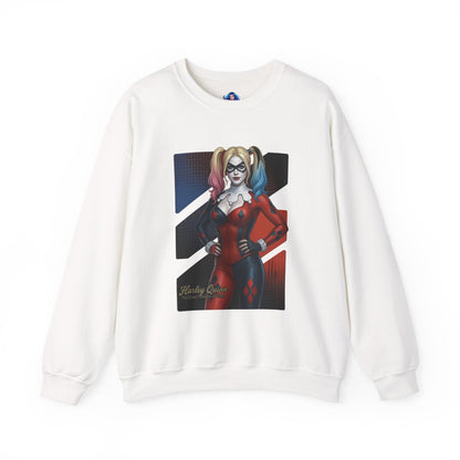Harley Quinn Sweatshirt, DC Comics Crewneck, Iconic Comic Apparel for Fans - white crewneck with red-and-black Harley Quinn artwork