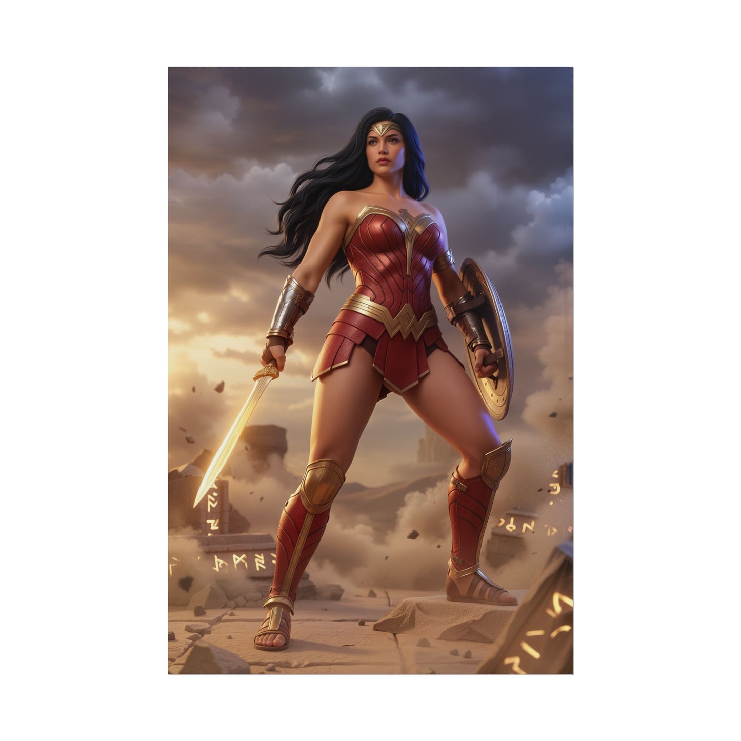 Wonder Woman Poster, DC Comics Wall Art Print – Heroine Decor featuring heroic Wonder Woman with sword and shield in dramatic stormy landscape