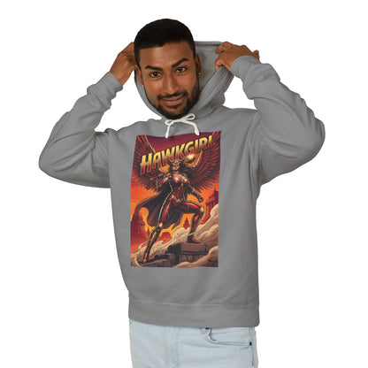Hawkgirl Hoodie | DC Superhero Hoodie | Winged Warrior Pullover model wearing gray Hawkgirl graphic hoodie, lightweight 100% ring-spun cotton