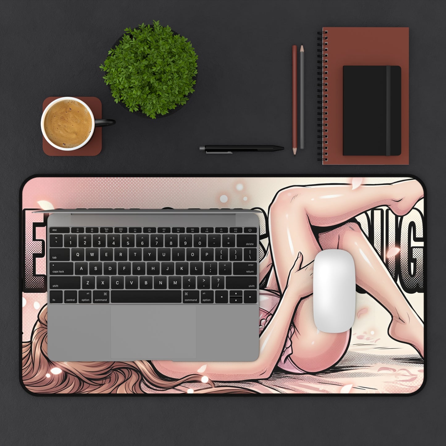 Aerith Gainsborough Mouse Pad – RPG Game Gaming Mouse Pad, Stylish Gamer Desk Decor showing anime-style character desk setup with laptop, mouse, plant