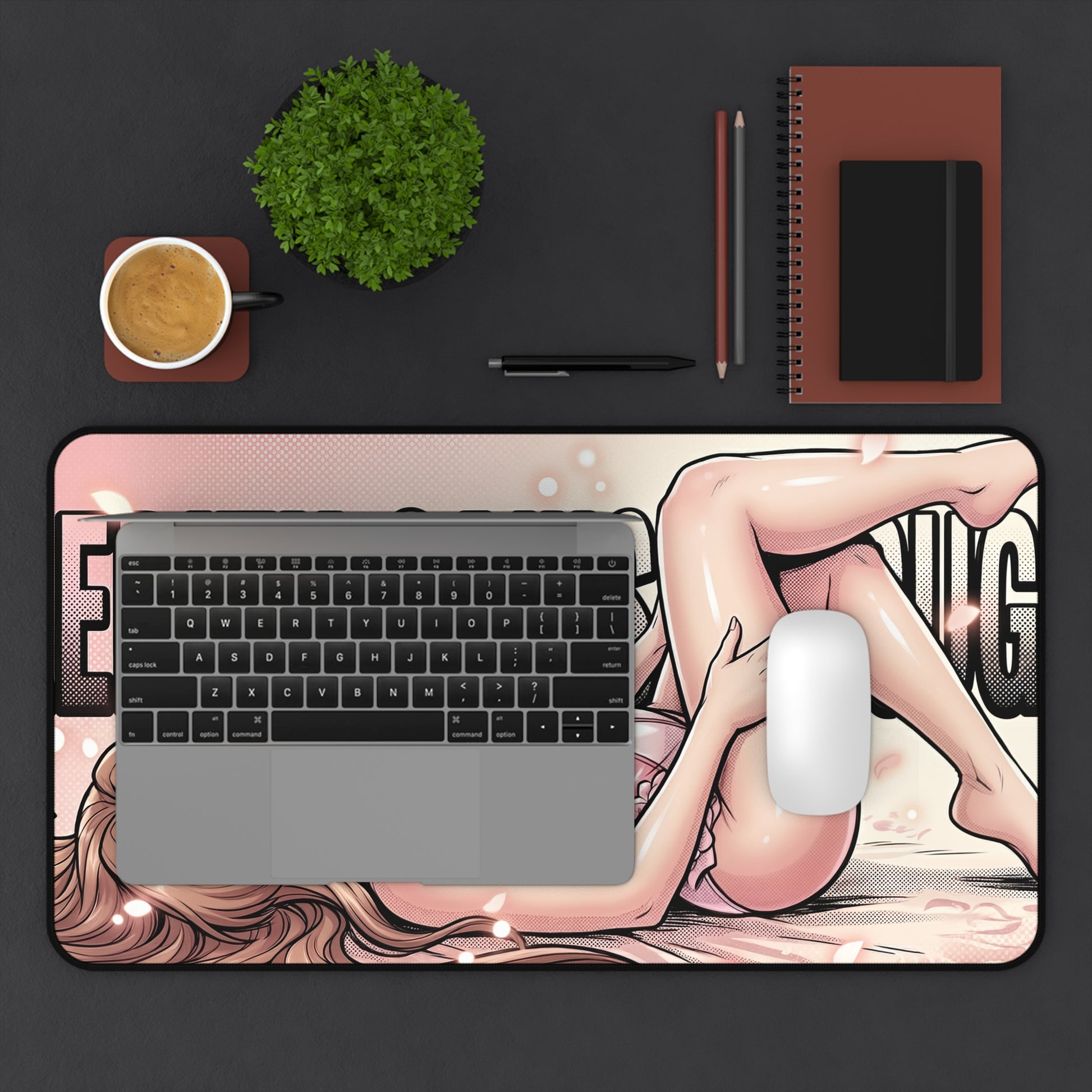 Aerith Gainsborough Mouse Pad – RPG Game Gaming Mouse Pad, Stylish Gamer Desk Decor showing anime-style character desk setup with laptop, mouse, plant