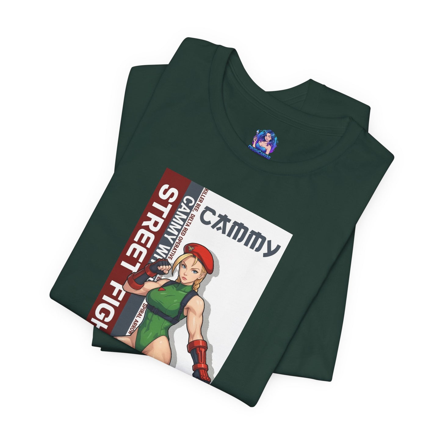 Cammy White T-Shirt | Street Fighter Anime Tee for Gamers & Fighting Game Fans folded green Bella Canvas tee showing Cammy illustration and logo