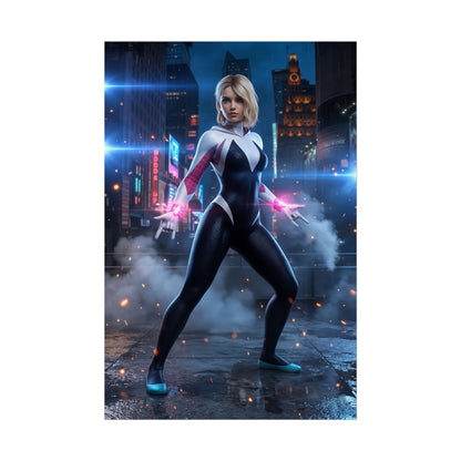 Gwen Stacy Poster, Spider-Man Art Print – Iconic Comic Heroine Wall Art featuring Gwen Stacy in black and white suit with city night background
